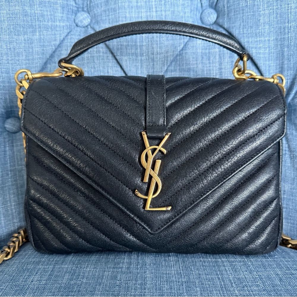 Saint Laurent Medium College Bag Black Chevron YSL Chain Shoulder Authentic